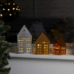 Lanternes en métal en forme de maison avec fenêtres découpées, décoration traditionnelle de Noël, artisanat, lumières de fête - Product Image 5