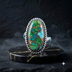 Bague ovale en turquoise, argent sterling 925, sertissage clos, style ethnique - Product Image 6