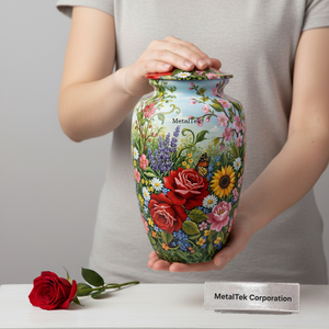 โกศบรรจุอัฐิขนาดใหญ่ลายดอกไม้สำหรับผู้ใหญ่ ทำด้วยโลหะ งานแฮนด์เมด พร้อมฝาปิดแน่นหนาและถุงกำมะหยี่ - Product Image 2