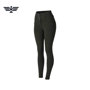 Equiline <b>Women</b> High Waist Full Length Riding Pants with Zipper <b>Fly</b> and Pockets Solid Black Spandex Nylon Material 300g - Product Image 1