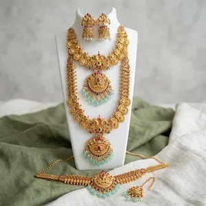 ชุดเครื่องประดับทองเหลืองชุบทองแบบโบราณ Kundan Jadau ประกอบด้วยสร้อยคอยาวและต่างหู ประดับด้วยเพทาย เหมาะสำหรับผู้หญิง สไตล์ดั้งเดิม สำหรับงานแต่งงานแบบอินเดีย หรืองานพิธีทางศาสนา - Product Image 1
