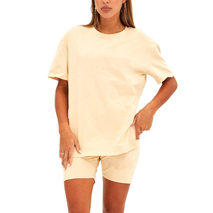 Wholesale Two-<b>Piece</b> <b>Set</b> of Women Custom Logo 100% Cotton Track Shorts and T-Shirt Solid Pattern Elastic Waist Closure Summer <b>Set</b> - Product Image 2