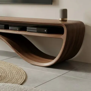 Mueble de TV de madera maciza curvada de lujo, consola con forma de onda única, mesa de almacenamiento multimedia con estantes abiertos, unidad moderna para sala de estar, venta al por mayor - Product Image 2