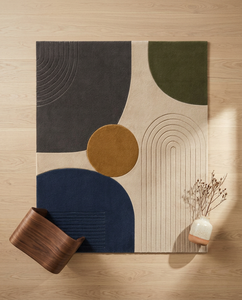 Tapis en laine tufté à la main, à poils bicolores, style abstrait mi-siècle, gris anthracite, bleu marine, jaune moutarde, grand format pour salon, design de créateur - Product Image 3