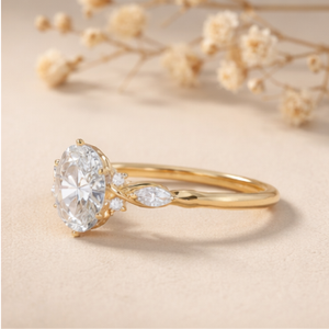 Oval Cut Moissanite Engagement Ring 14K/18K Gold Leaf Side <b>Stones</b> Rhodium Plated Prong & Pave Setting Bridal Wedding Ring - Product Image 4