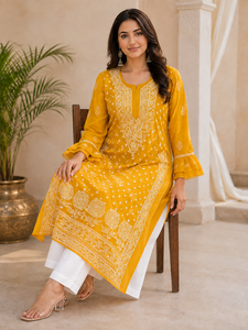 Premium Mustard Georgette Chikankari Embroidered Women's <b>Kurti</b> with Bell Sleeves - Traditional Casual Wear And Festive Wear - Product Image 3
