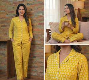 Hermoso Conjunto de Pijama de Algodón Hecho a Mano en India con Estampado Térmico para Mujer, Reversible, Cuello en V, Mangas Largas, Ropa de Dormir de Verano - Product Image 6