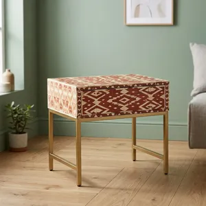 Wooden Side <b>Table</b> <b>with</b> Geometric Inlay Pattern Gold Metal Legs Single <b>Drawer</b> Decorative End <b>Table</b> - Product Image 4