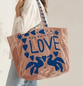 Wholesale Custom Handmade Blue Velvet Tote <b>Bag</b> Featuring Gold Yellow LOVE and PEACE Lettering Doves <b>Hearts</b> and Floral Applique - Product Image 1
