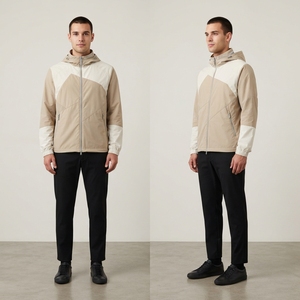 <b>Men</b> Beige <b>Cream</b> Color Block Hooded Windbreaker <b>Jacket</b> Full Zip Outdoor Sports <b>Jacket</b> with Multiple Zip Pockets - Product Image 3