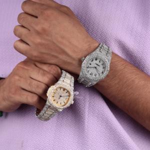 Luxury Moissanite Diamond Iced Out <b>Watch</b> White Yellow Two Tone Hip Hop Stick DIal Stainless Steel Autoamtic <b>Mens</b> WristWatch - Product Image 4