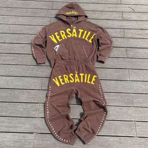 Conjunto de Sudadera con Capucha Ligera de Algodón Personalizada OEM, Ecológica, con Estampado de Diamantes de Imitación, Sudadera con Cierre y Pantalones Holgados con Cordón - Product Image 5