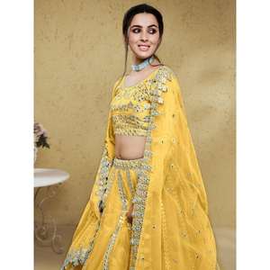 Lehenga Choli semi-cousu en tissu jaune éblouissant, élégant, en filet, pour les occasions spéciales, décorations de fête, vêtements Zeel - Product Image 4