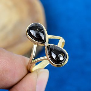 Handmade Natural Black Copper Shungite Gemstone Ring 18k Gold Micron Over 925 Sterling Silver - Product Image 1