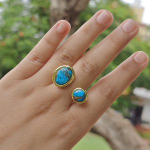 18k Gold Plated Brass <b>Adjustable</b> <b>Ring</b> Bezel Setting Gemstone Copper Turquoise Oval Shape Punk Style Women Fashion Jewelry Open - Product Image 3