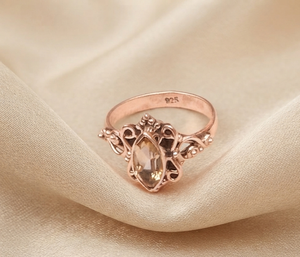 Bague pour femme en argent sterling 925 avec citrine jaune marquise, plaqué or rose, filigrane orné, style vintage artisanal bohème, bijou statement - Product Image 3