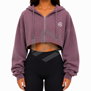 Women's <b>Cropped</b> <b>Zip</b>-<b>Up</b> Hoodie Solid Color Oversized Fleece Sweatshirt With Logo Front Autumn Casual Wear - Product Image 2
