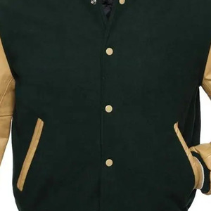 Veste de sport verte pour homme avec manches en cuir marron, fermeture à boutons, col rabattu, vêtement décontracté d'automne, coupe classique - Product Image 2