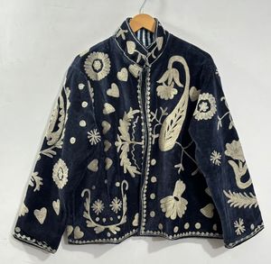 เสื้อแจ็คเก็ตกำมะหยี่ปักลายวินเทจสำหรับผู้หญิง  รักษ์โลก  ลายดอกไม้สไตล์ซูซานี  คอตั้ง  โลโก้  แขนยาว  ผ้าฝ้ายถัก - Product Image 4
