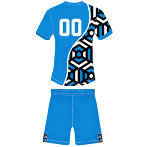 Ensemble short et maillot de rugby géométrique bleu vif, noir et blanc, à manches courtes, col rond, personnalisable, respirant, pour l'entraînement et les sports d'équipe - Product Image 2