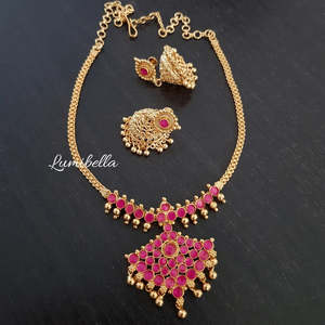 24K Gold Plated Floral <b>Necklace</b> Set with <b>Ruby</b> Stone Embellishment for Bridal Gift - Product Image 1