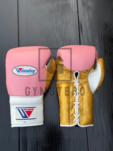 Winning Boxing Gloves <b>Pink</b> Golden Leather Set High Quality Lace-Up Closure Adjustable Wrist - Product Image 2