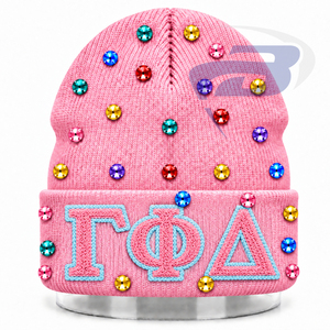 Gorro de Invierno de Punto Rosa con Adornos de Diamantes de Imitación para Mujeres de la Hermandad Gamma Phi Delta, Gorro de Invierno con Bordado de Chenille - Product Image 1