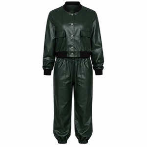 Ensemble de survêtement décontracté en cuir PU vert pour femme, col montant, manches longues, boutonnage frontal, coupe ample, collection automne - Product Image 1
