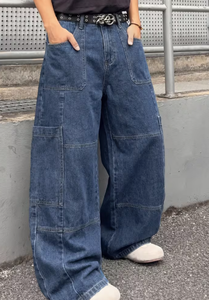 Hardihood International Plus Size <b>Men</b> <b>High</b> <b>Waist</b> Plaid Cargo <b>Jeans</b> Loose Fit Zipper Fly Stonewashed Paisley Pattern Blue Woven - Product Image 5