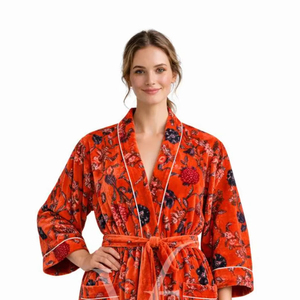 ชุดกิโมโนกำมะหยี่สีส้มไหม้ลายดอกไม้สุดหรูสำหรับผู้หญิง งานแฮนด์เมด ชุดคลุมลำลองสำหรับใส่ตอนเช้าช่วงฤดูร้อน คอวี - Product Image 1