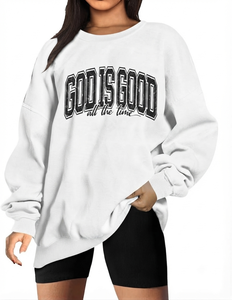เสื้อสเวตเตอร์คอกลมสีครีมขนาดใหญ่พิเศษของผู้หญิงมี "God IS Good All The Time" พิมพ์ตัวอักษรไหล่ตกแขนยาว - Product Image 2