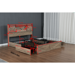Cadre de lit de ferme rustique Queen Size Lumières LED Station de charge Tête de lit en bois 2 portes de grange coulissantes Tiroirs de rangement Armoires - Product Image 2
