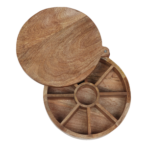 Elegant Round Wooden Masala <b>Storage</b> <b>Chest</b> with Multi Section Interior Hinged Cover and Compact Kitchen Countertop Design - Product Image 1