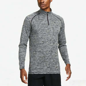 Men's Gray Quarter Zip Long Sleeve Sweatshirt Slim Fit Knitted Quick Dry Sporty Autumn Wear - Product Image 1