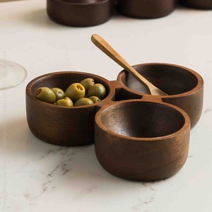 Premium Wooden <b>Bowl</b> Set with Metal Stand Three <b>Bowl</b> Serving Set Snack <b>Server</b> Condiment Holder Modern Rustic Tabletop Decor - Product Image 6