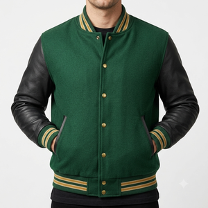 <b>Men's</b> Green Varsity <b>Jacket</b> With Black <b>Leather</b> Sleeves Button Closure Turn-down Collar Casual Fleece <b>Jacket</b> Autumn Wear - Product Image 2