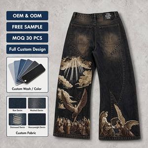 <span class=keywords><strong>Jeans</strong></span> <span class=keywords><strong>Baggy</strong></span> Oversize Vintage con Motivo Personalizzato, Ricamo 3D, Gamba Dritta, Nero Lavaggio Acido, OEM per Uomo - Product Image 1