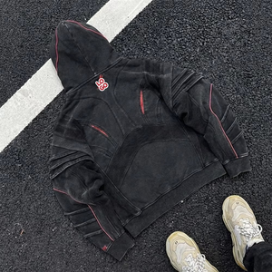 Oversize Double Hood Sweatsuit Custom Special Cutting Design Acid Washed Custom Zip up Hoodie and Sweatpants <b>Set</b> for Men - Product Image 2