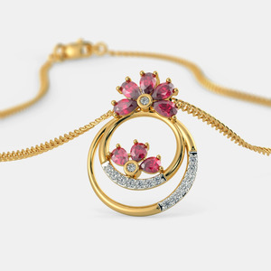 Yellow Gold <b>Ruby</b> Floral Circle Lab Grown Diamond Pendant <b>Necklace</b> - Product Image 5