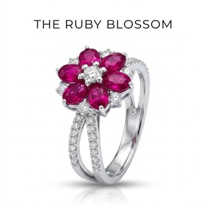 Anillo de Oro Sólido con Rubí Natural y Diamantes, Diseño de Flor, Fabricante de Joyería Personalizada al por Mayor, MOQ 1 Pieza - Product Image 1