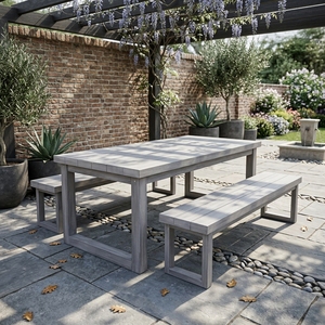 Ensemble de jardin moderne, 1 table à manger 220x100 et 2 bancs, bois de teck massif, finition grise, résistant aux intempéries, mobilier d'extérieur, 6 places - Product Image 4
