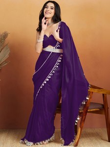 Sari en soie violette élégant pour femme, longueur ras du sol, tenue de mariage, robe ethnique traditionnelle Inde Pakistan, coupe classique toutes saisons - Product Image 2