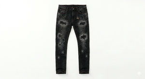 Men's Slim Dark Mid Waist Summer Ripped Denim Jeans Vintage <b>Boot</b> Cut Washed Cotton Lightweight Front Studded Streetwear <b>Pants</b> - Product Image 1