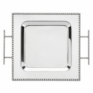 Luxury <b>Silver</b> Beaded Square Serving <b>Tray</b> With Double Handles Decorative Stainless Steel Metal <b>Mirror</b> Platter For Home Wedding - Product Image 1