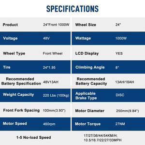 Kit Bici Elettrica 24 Pollici 1000W con Trazione Anteriore e Pneumatici Neri - Parti di Modifica - Product Image 4