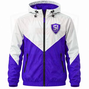 Chaqueta cortavientos unisex con capucha, color morado y blanco, a prueba de viento, para exteriores, con cremallera deportiva, personalizable de fábrica. - Product Image 4