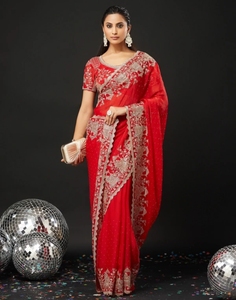 KV Embroidered Bollywood Silk Blend <b>Saree</b> (<b>Red</b>) - Product Image 1