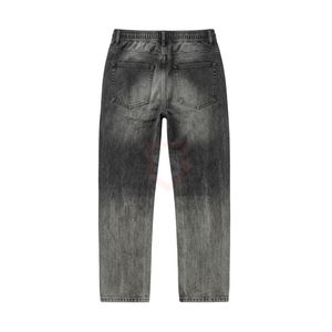 Pantalon pour homme durable, gris foncé, en denim délavé à l'acide, style vintage, coupe droite, streetwear urbain, en coton épais - Product Image 2