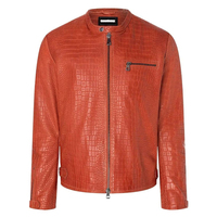 Veste de motard en cuir PU gaufré crocodile pour homme, col montant, fermeture éclair, couleur orange rouille