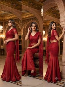 <b>Red</b> Embroidered Crape Silk Saree Stitched <b>Blouse</b> Regular Fit for Wedding Indian Pakistani Traditional Wear Floor-Length <b>Women's</b> - Product Image 4